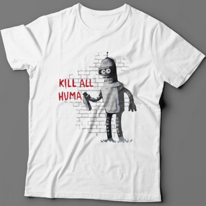 Прикольная футболка с надписью "Kill all huma.." и изображением Бендера из Мультсериала "Футурама"